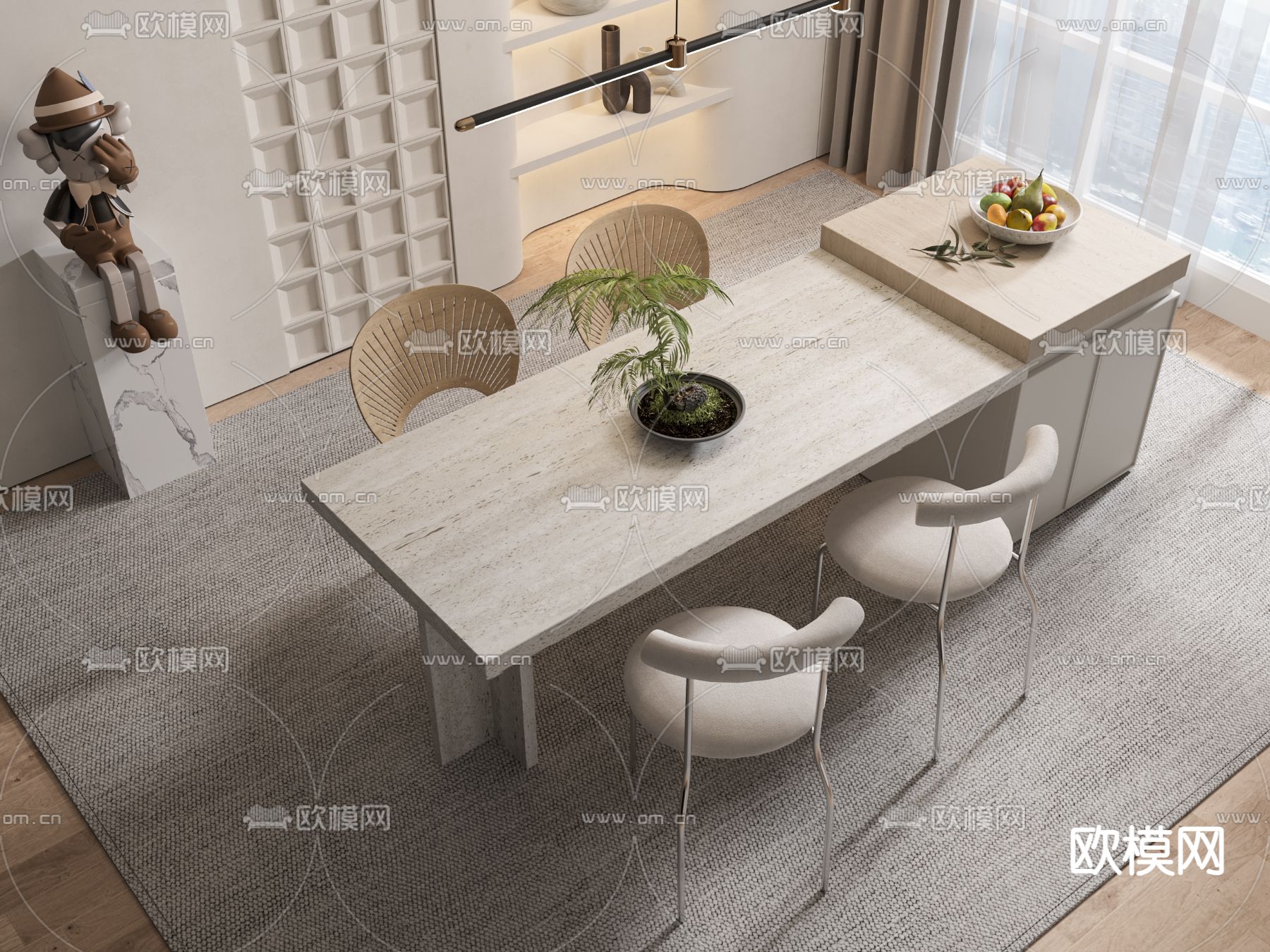 侘寂餐桌椅 岛台餐桌3d模型下载