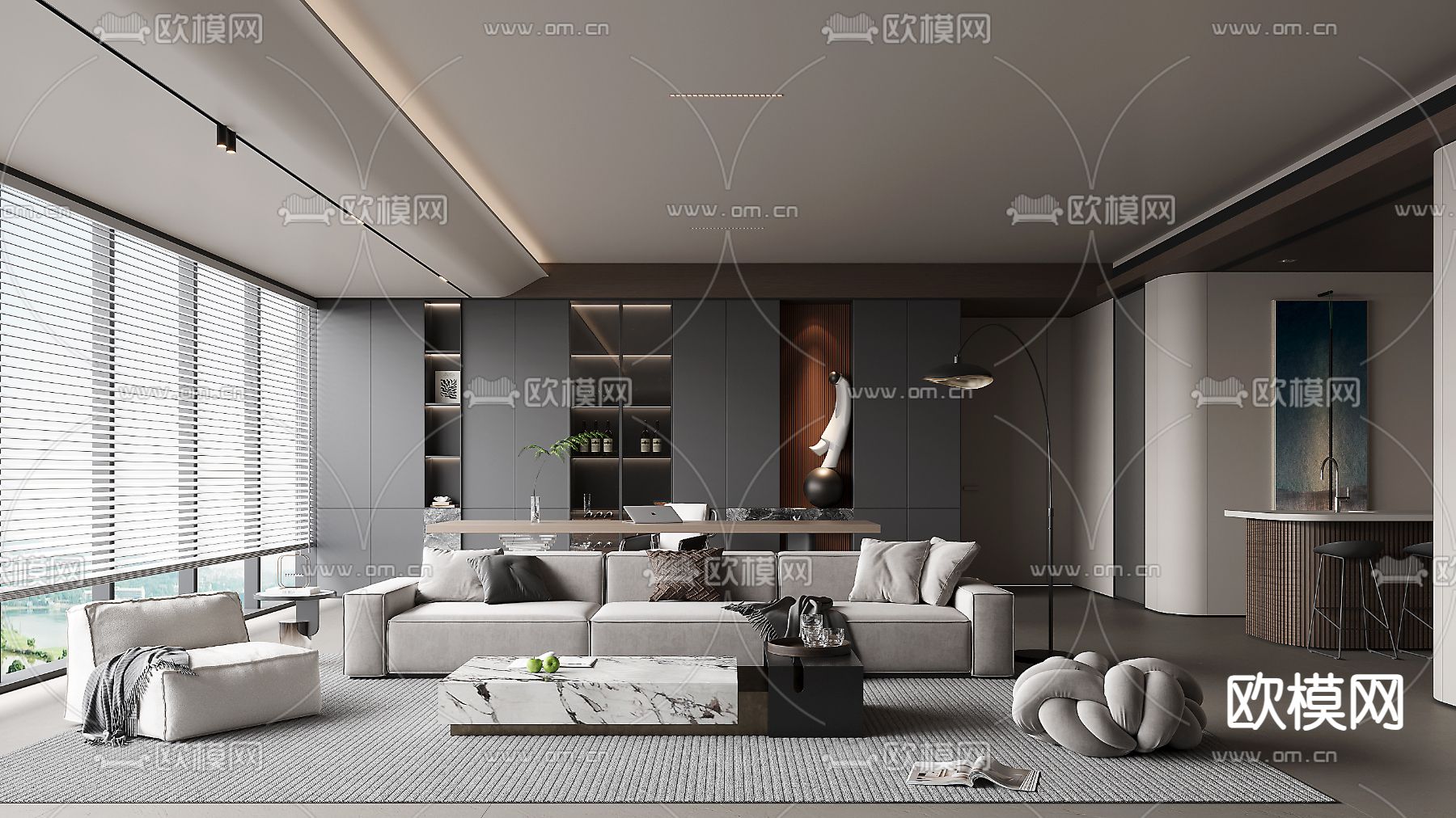 高级灰客厅3d模型下载