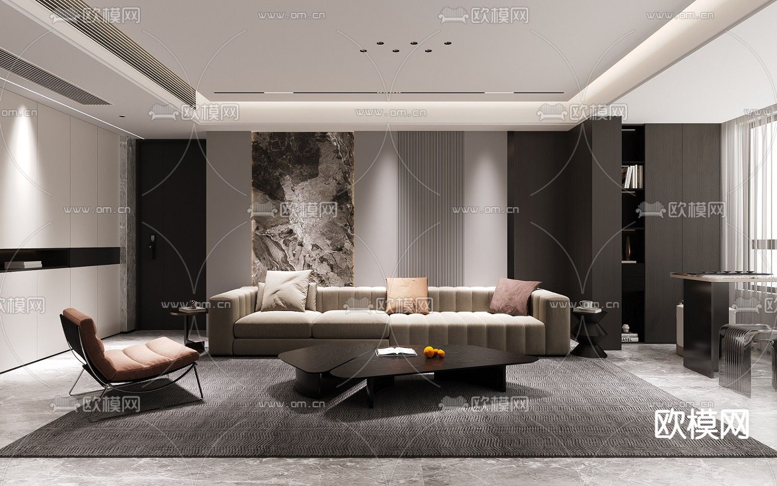 高级灰客餐厅3d模型下载（渲染图1）