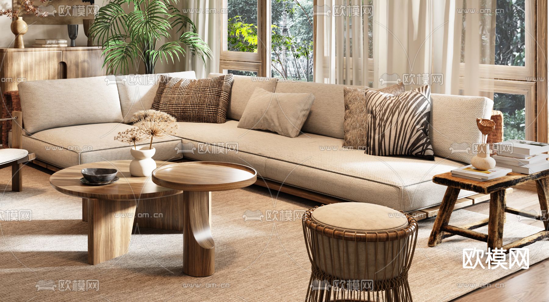 侘寂组合沙发3d模型下载（渲染图2）