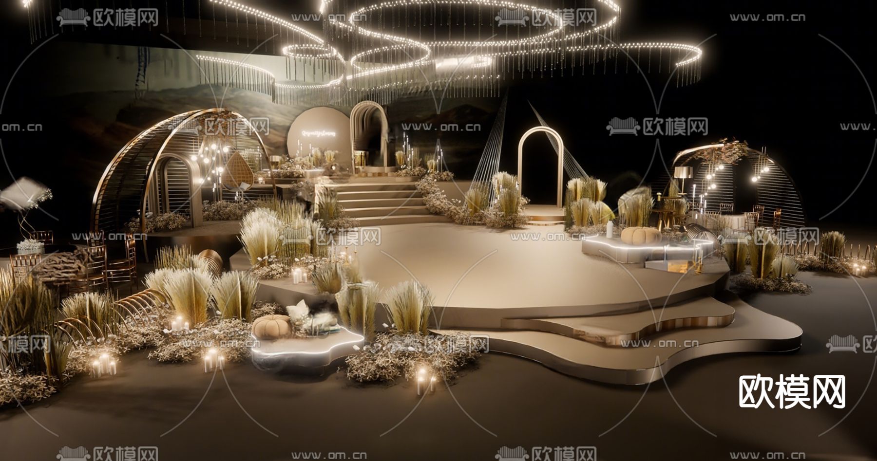 现代酒店宴会厅 婚礼宴会su模型下载（渲染图2）