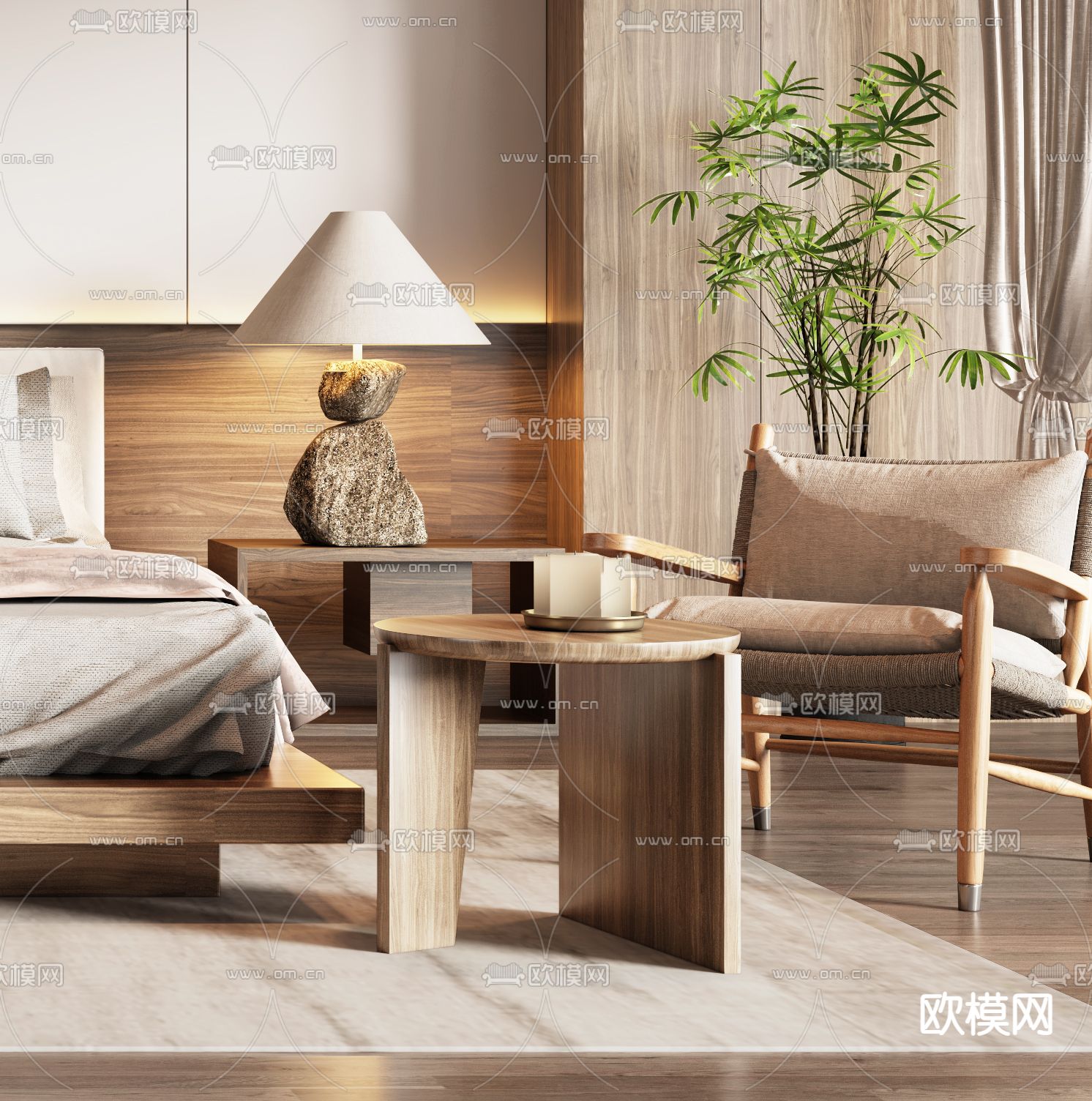 侘寂民宿客房 大床房3d模型下载（渲染图2）