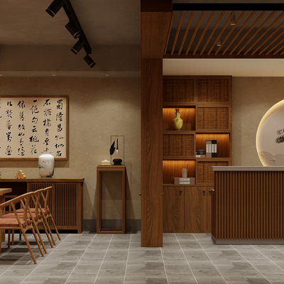  新中式民宿大堂su模型 