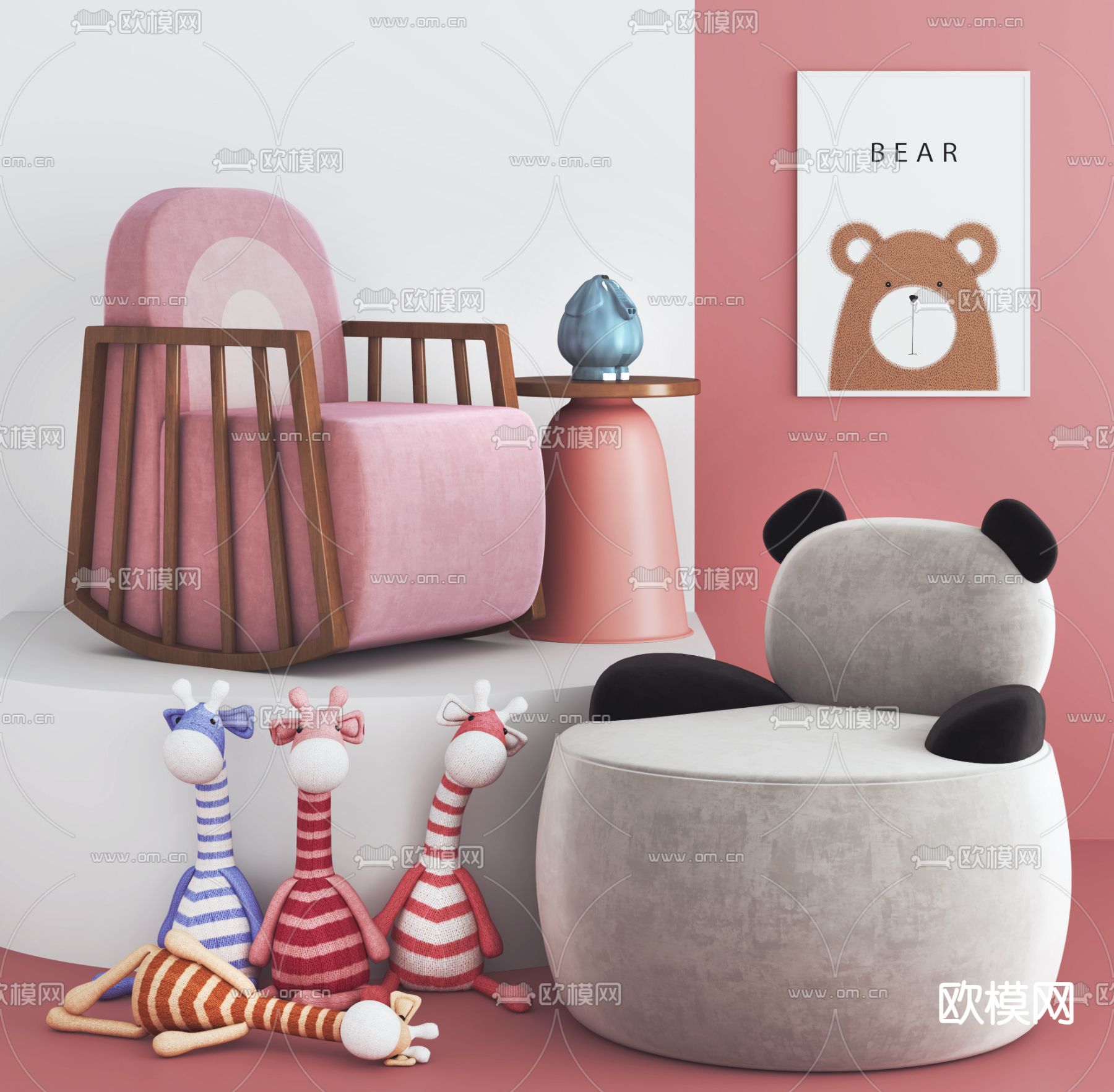 现代儿童矮凳 熊猫矮凳3d模型下载