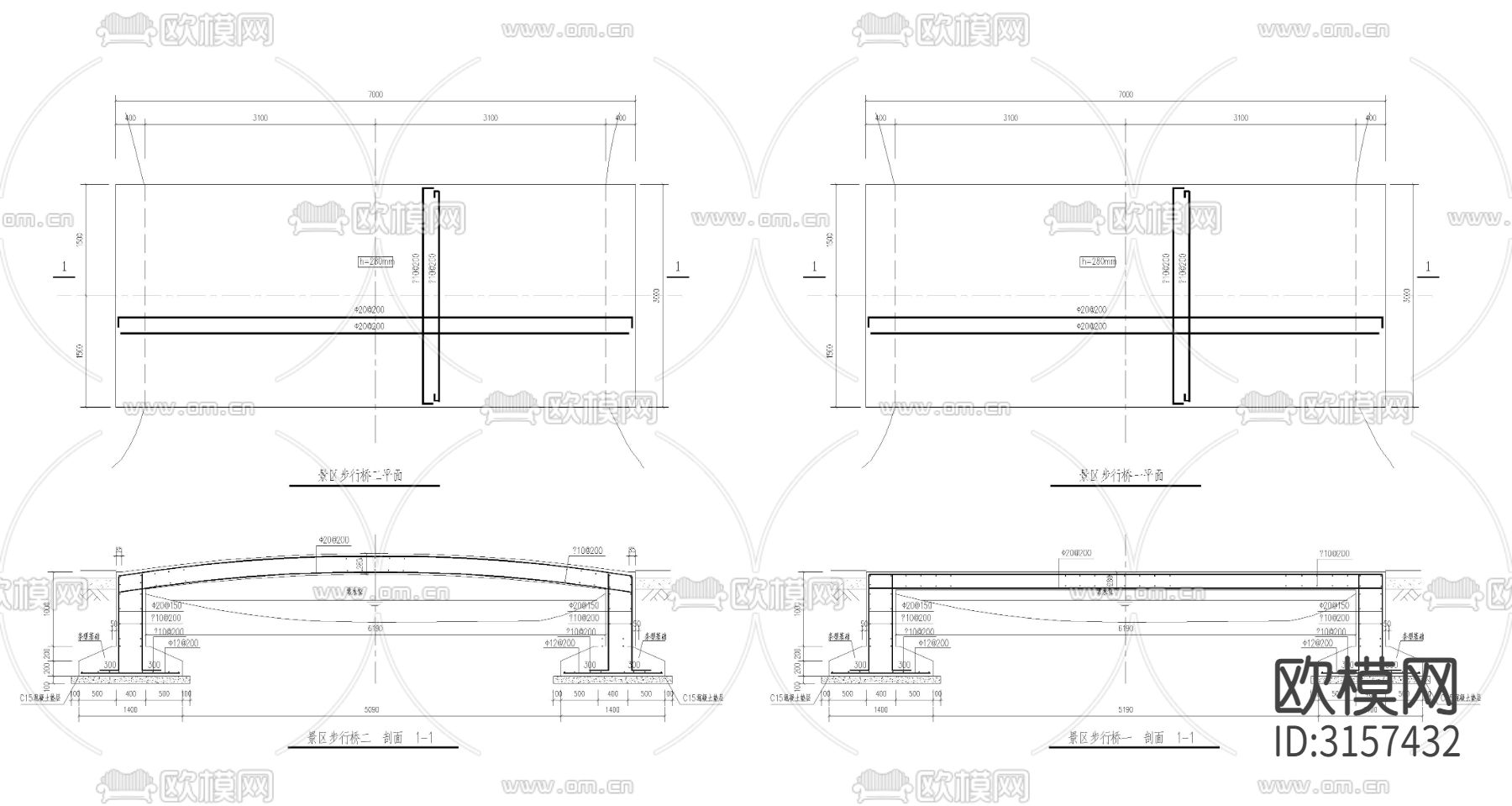 步行桥详图cad大样图下载（渲染图2）