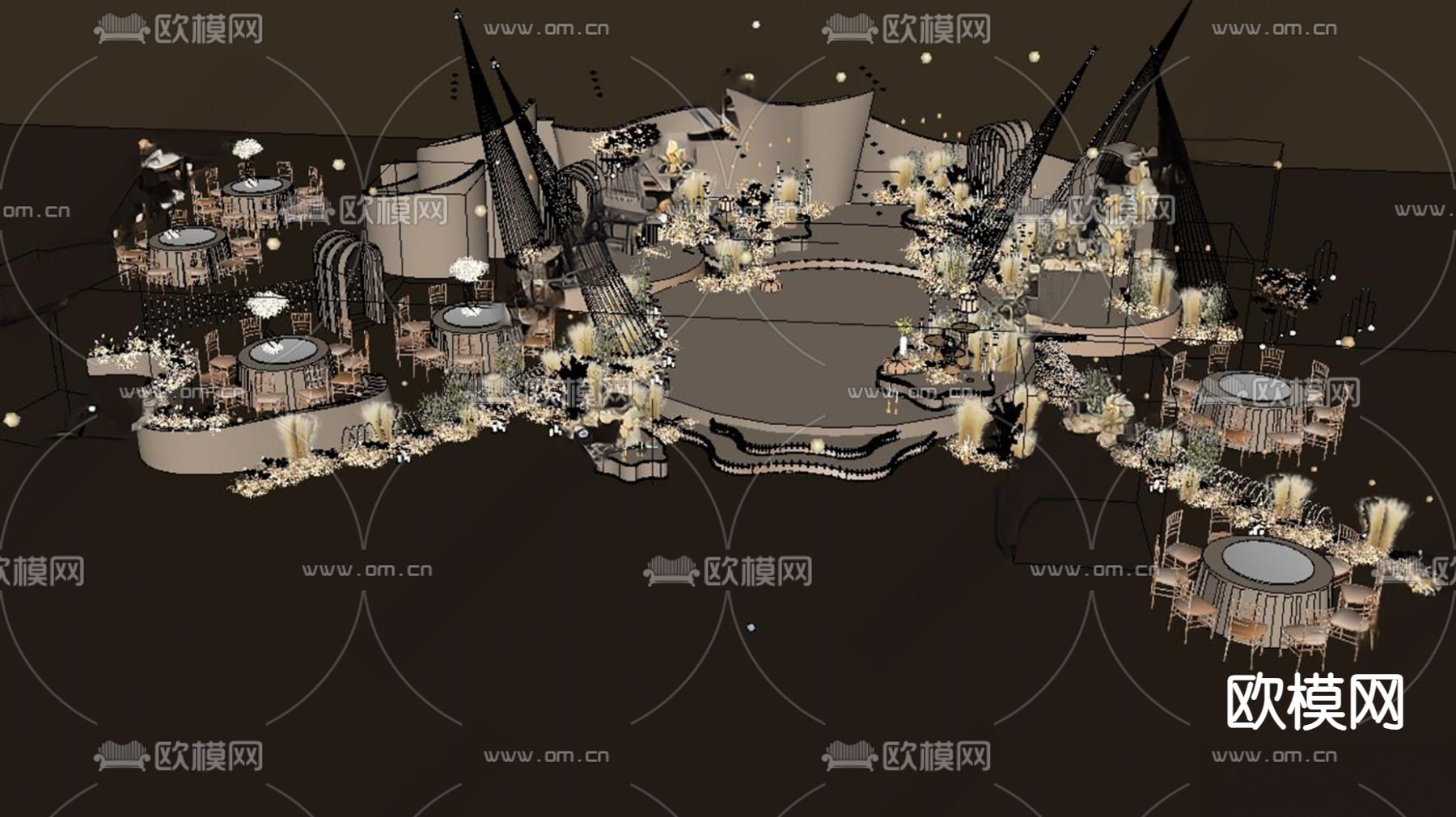 现代酒店宴会厅 婚礼宴会su模型下载（渲染图1）