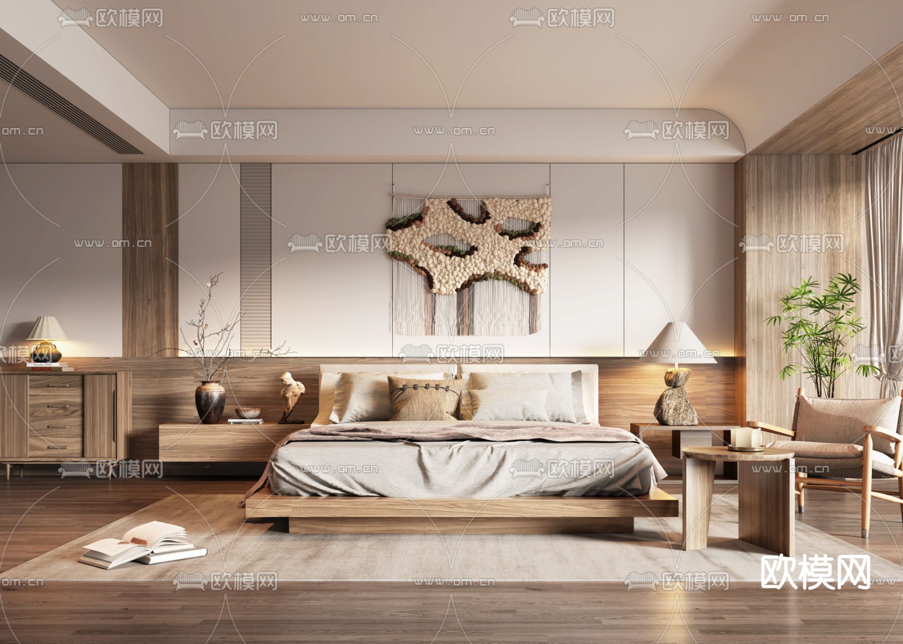 侘寂民宿客房 大床房3d模型下载（渲染图1）