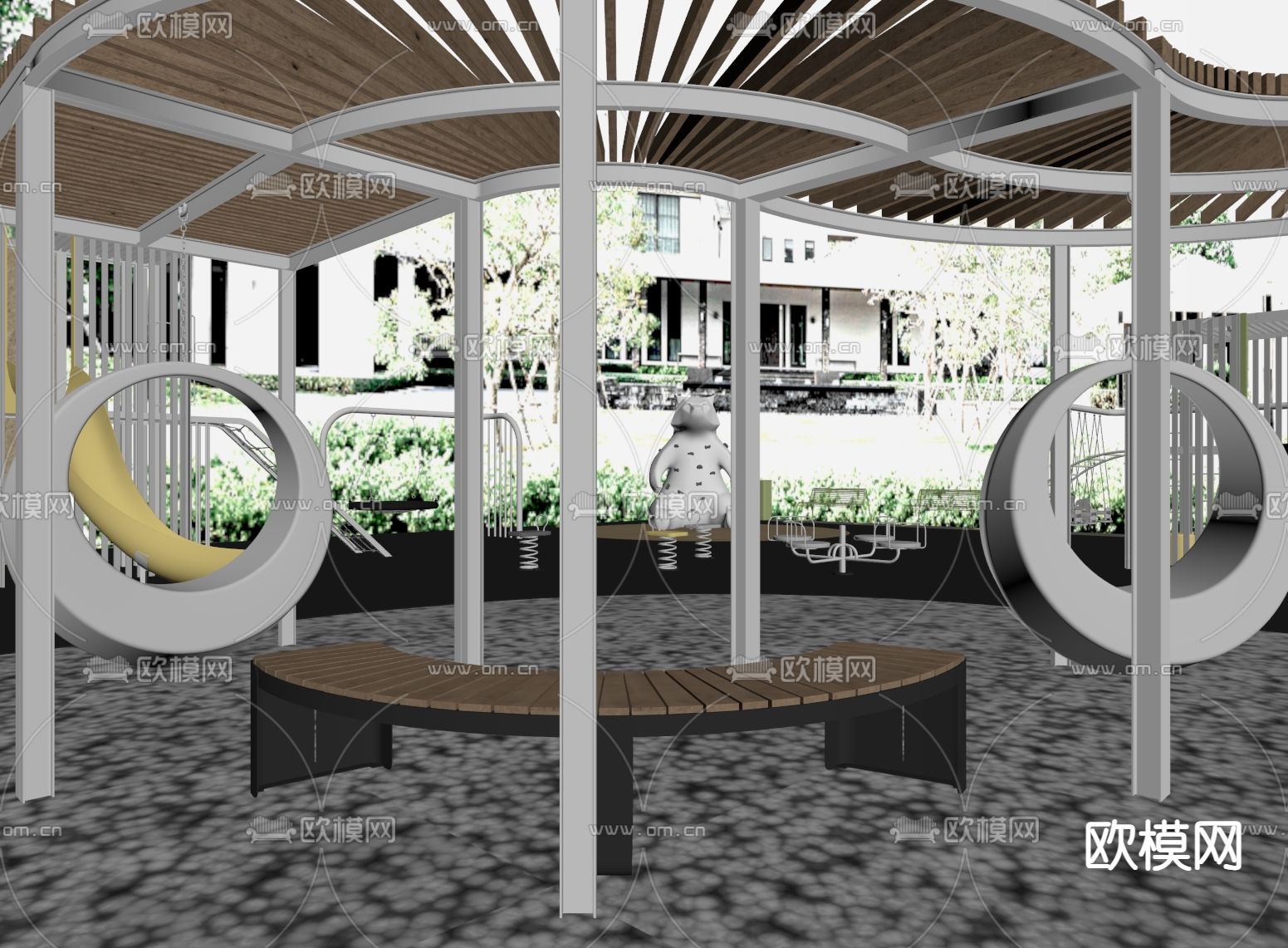 户外凳椅 滑梯 摇篮 遮阳棚su模型下载（渲染图1）