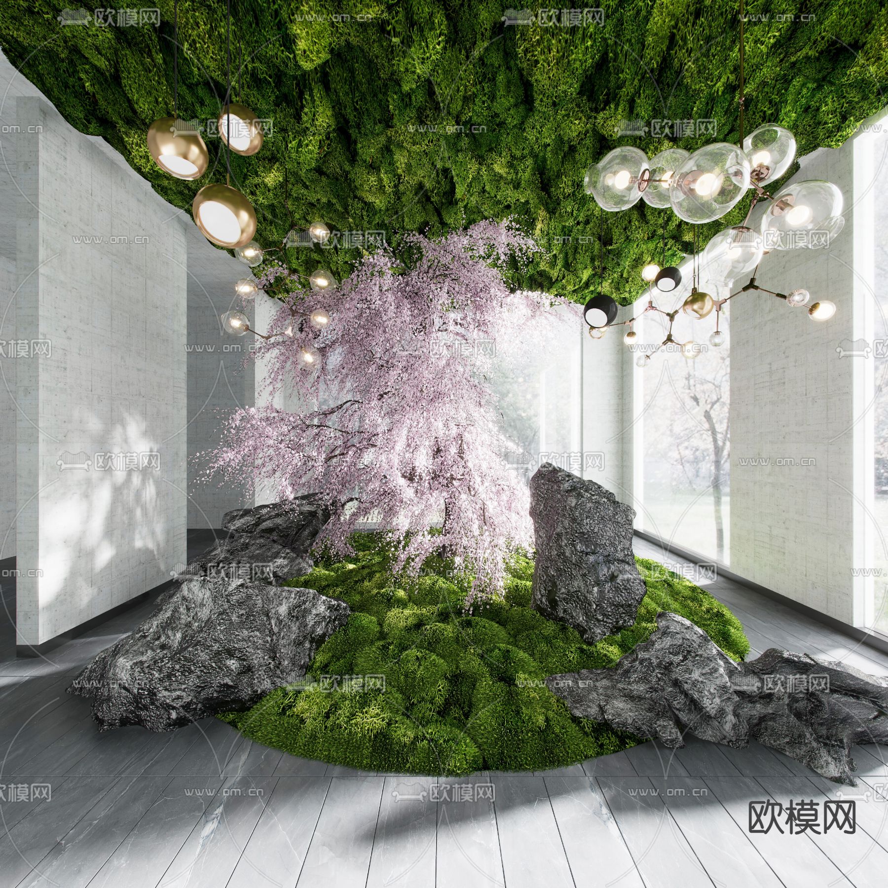 室内苔癣造景 樱花树3d模型下载