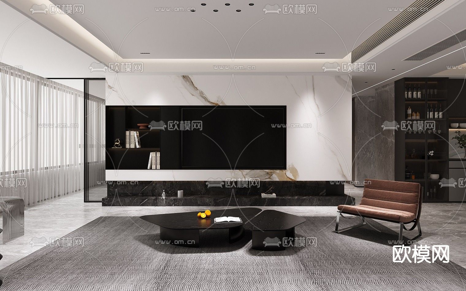 高级灰客餐厅3d模型下载（渲染图2）