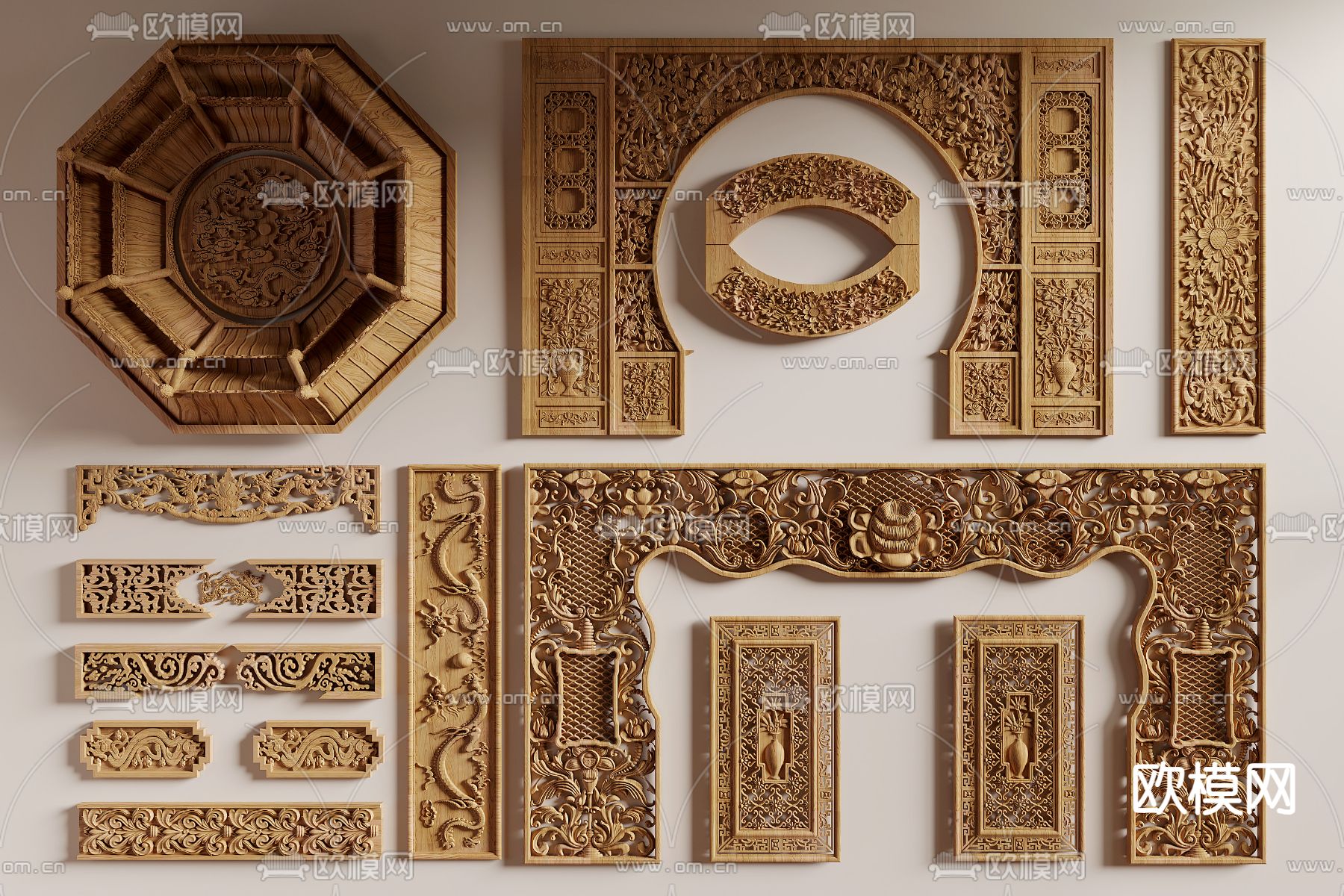 中式雕花 木雕 横梁 木梁 斗拱 榫卯结构3d模型下载