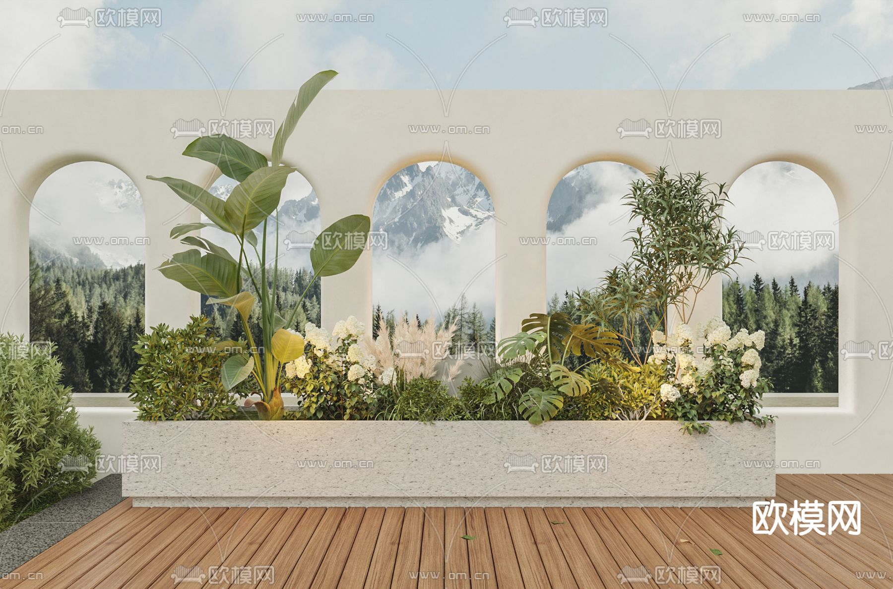 现代网红墙 植物堆su模型下载（渲染图2）