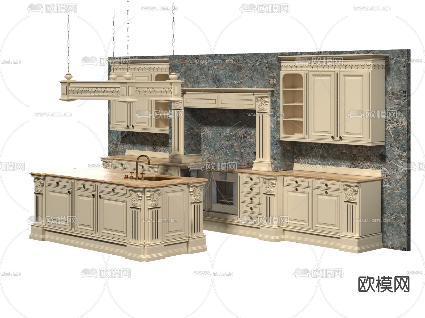 欧式橱柜 中岛台su模型下载（渲染图2）