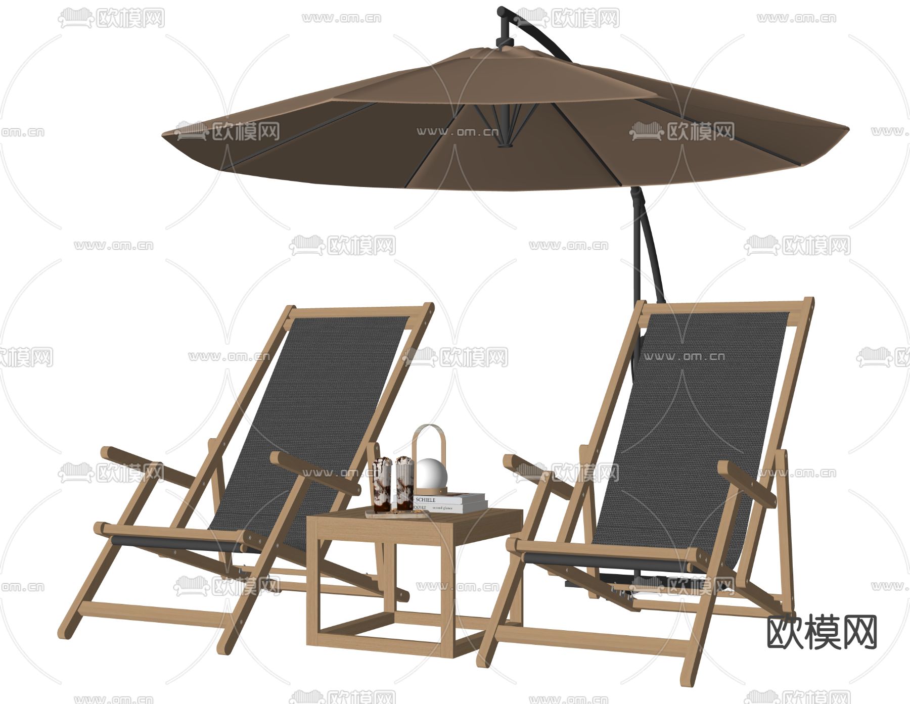 户外躺椅 折叠椅 遮阳伞su模型下载（渲染图1）