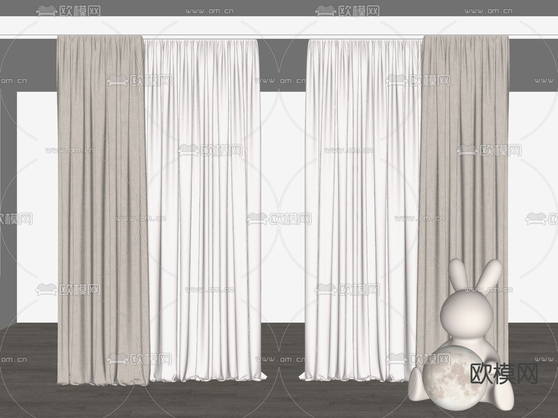奶油风窗帘 布帘 纱帘su模型下载（渲染图1）