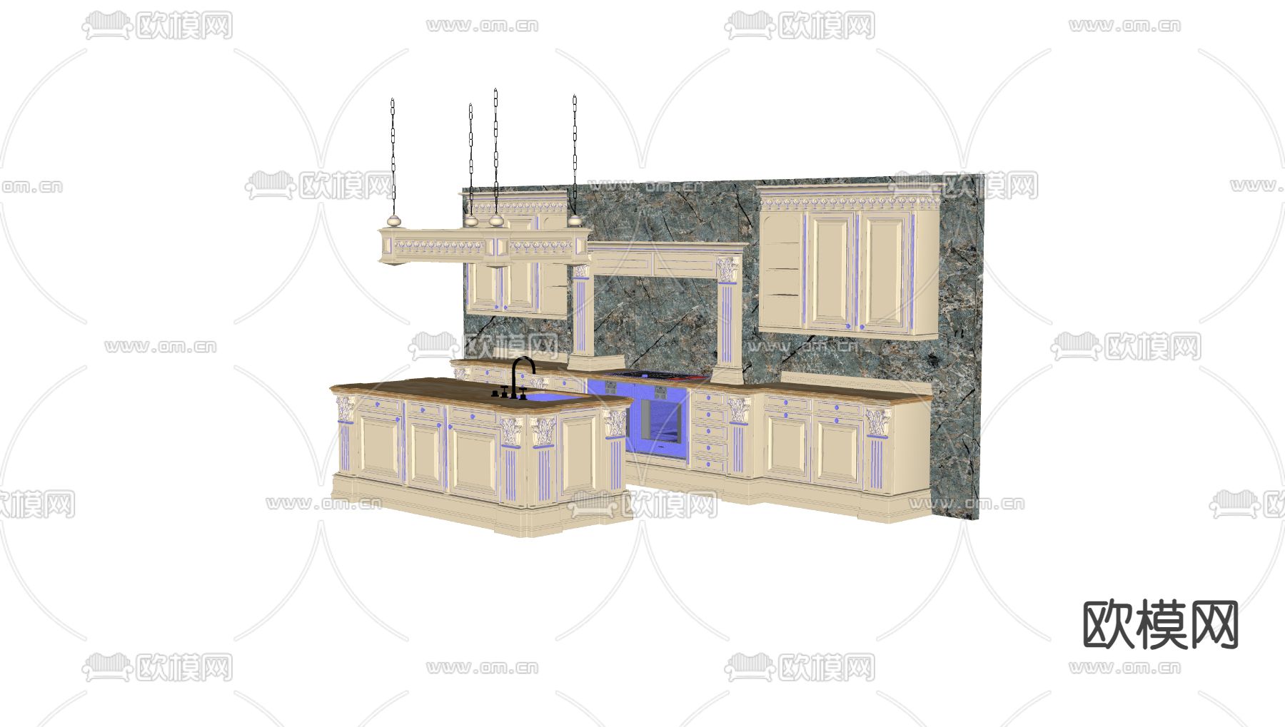 欧式橱柜 中岛台su模型下载（渲染图1）