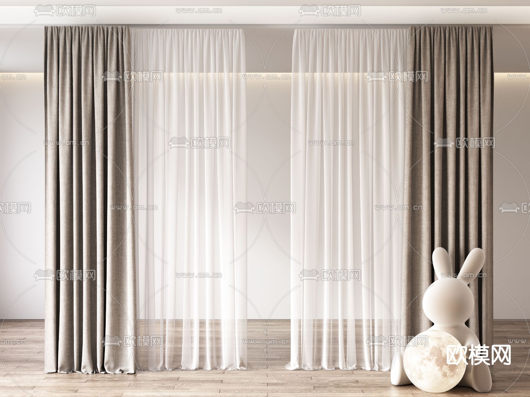 奶油风窗帘 布帘 纱帘su模型下载（渲染图2）