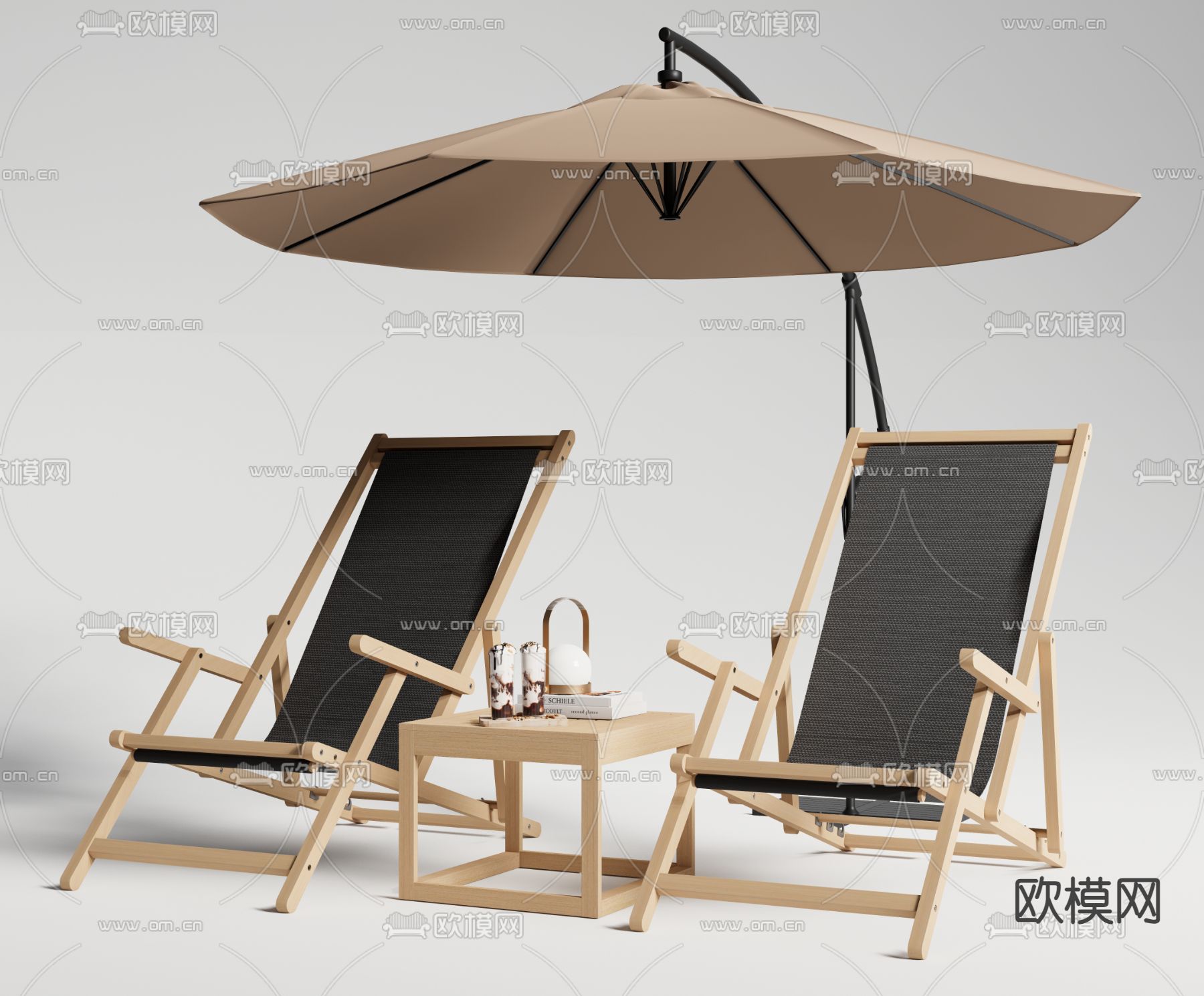 户外躺椅 折叠椅 遮阳伞su模型下载（渲染图2）
