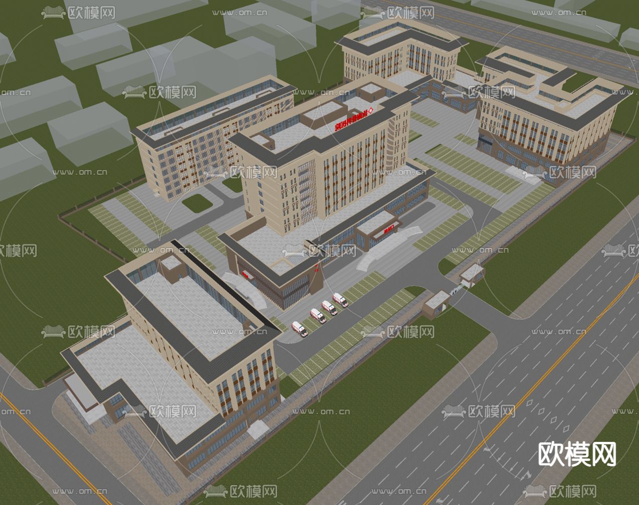 现代医院鸟瞰规划su模型下载（渲染图1）