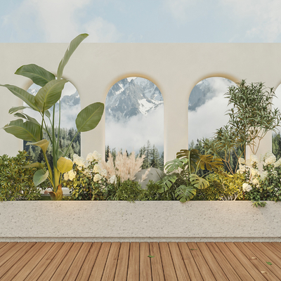  现代网红墙 植物堆su模型 