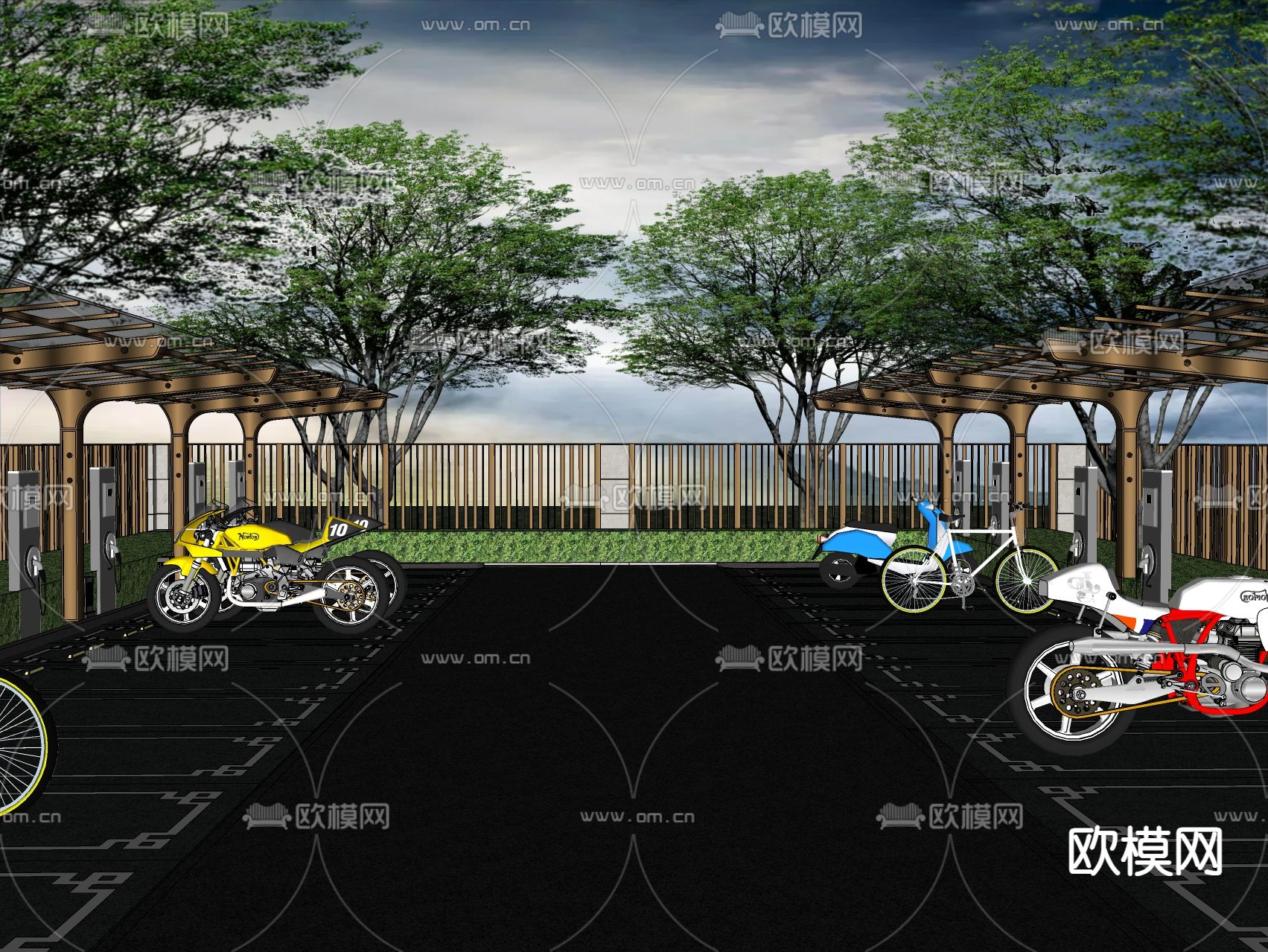 现代自行车棚 电动车棚su模型下载（渲染图1）
