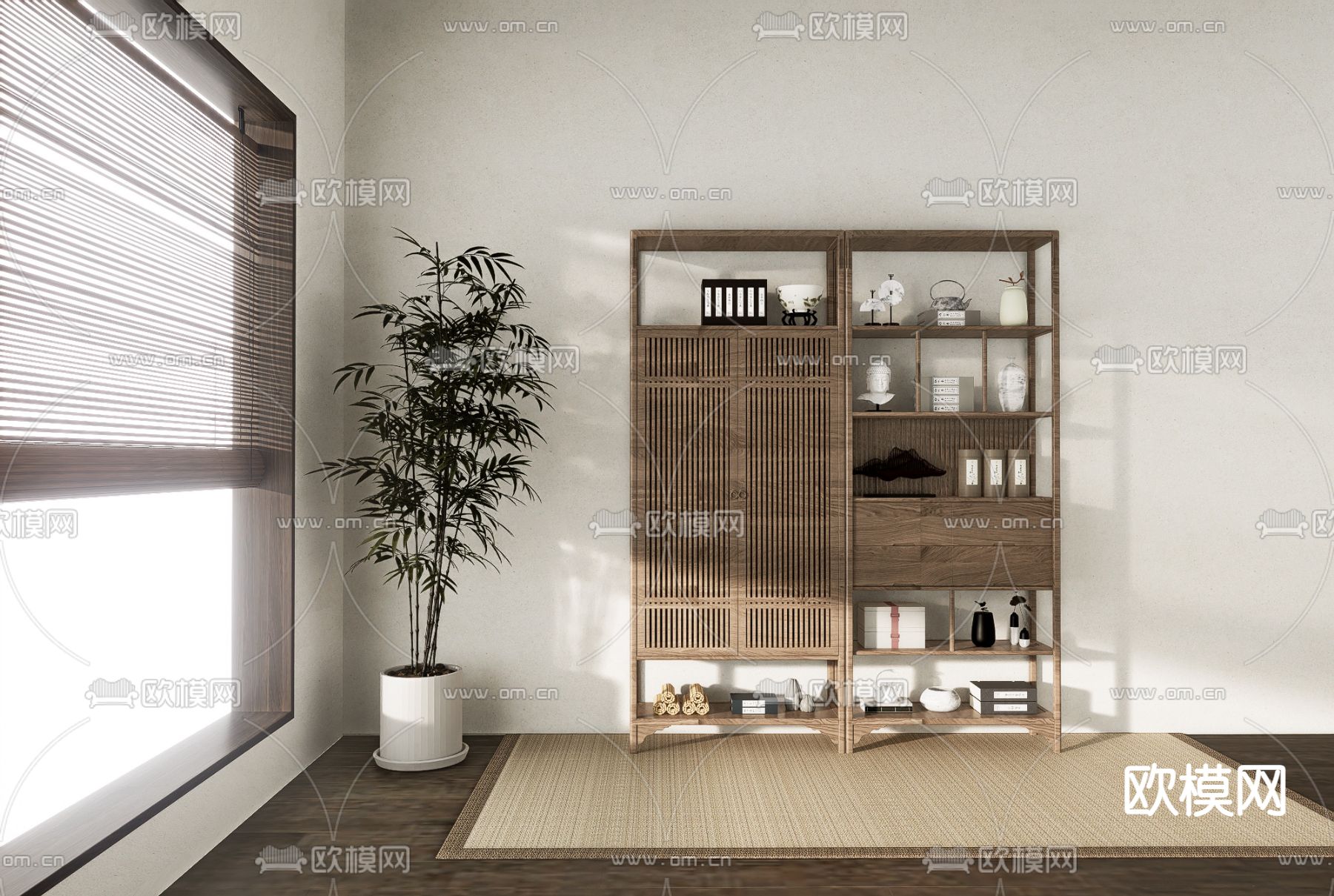 新中式博古架 茶叶柜su模型下载（渲染图2）