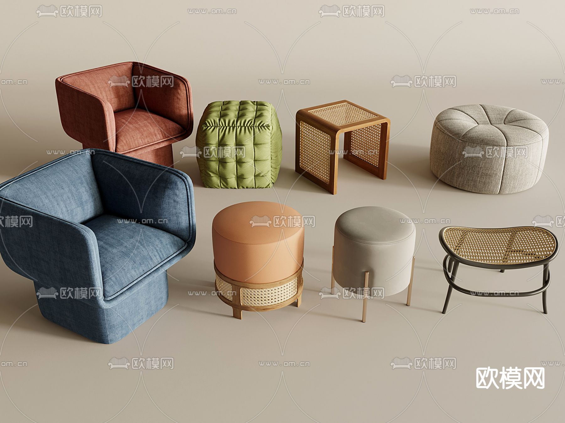北欧凳子 沙发凳 圆凳 方凳3d模型下载