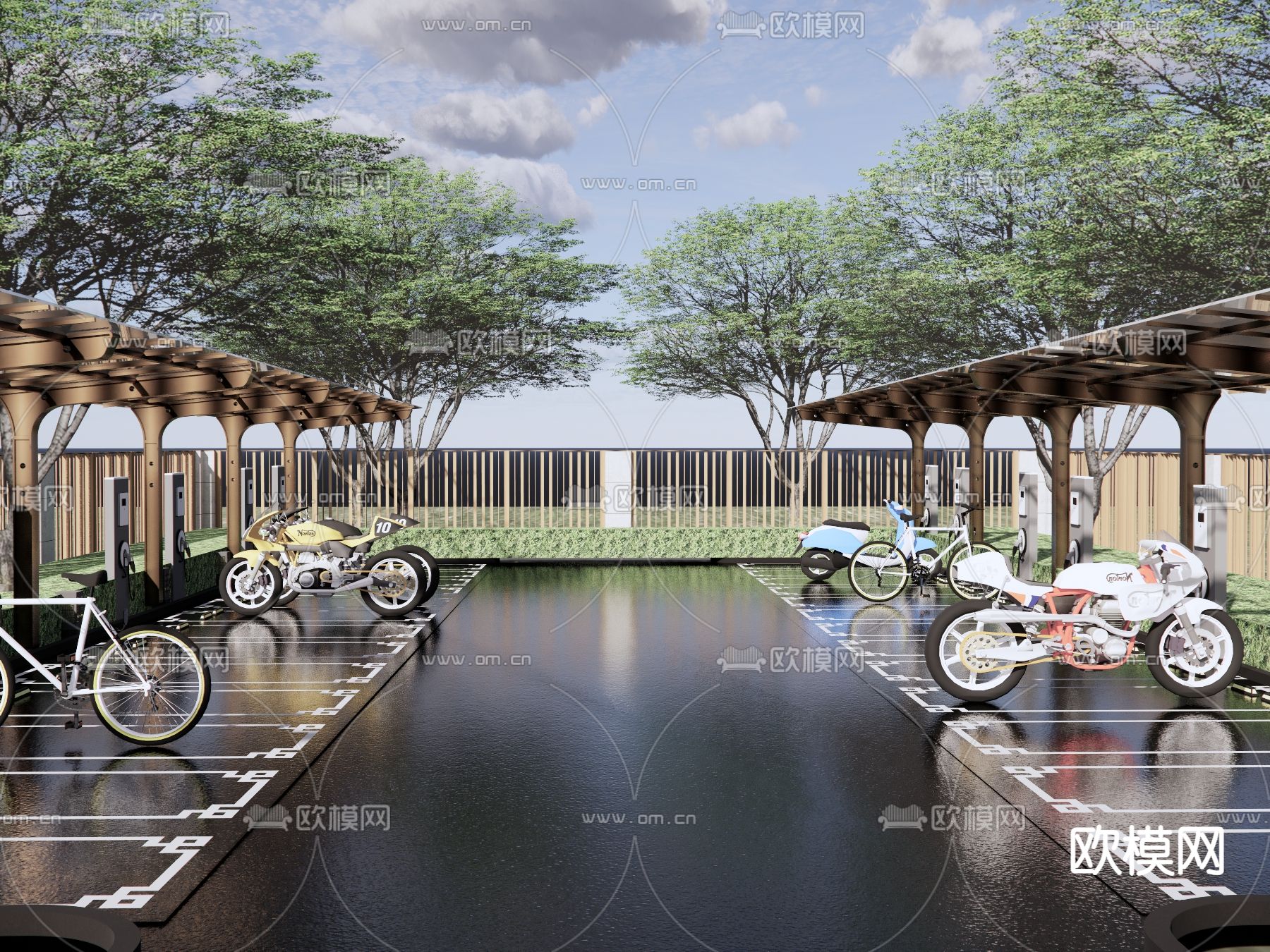现代自行车棚 电动车棚su模型下载（渲染图2）