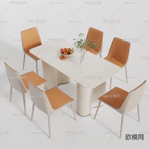 奶油风餐桌椅3d模型下载