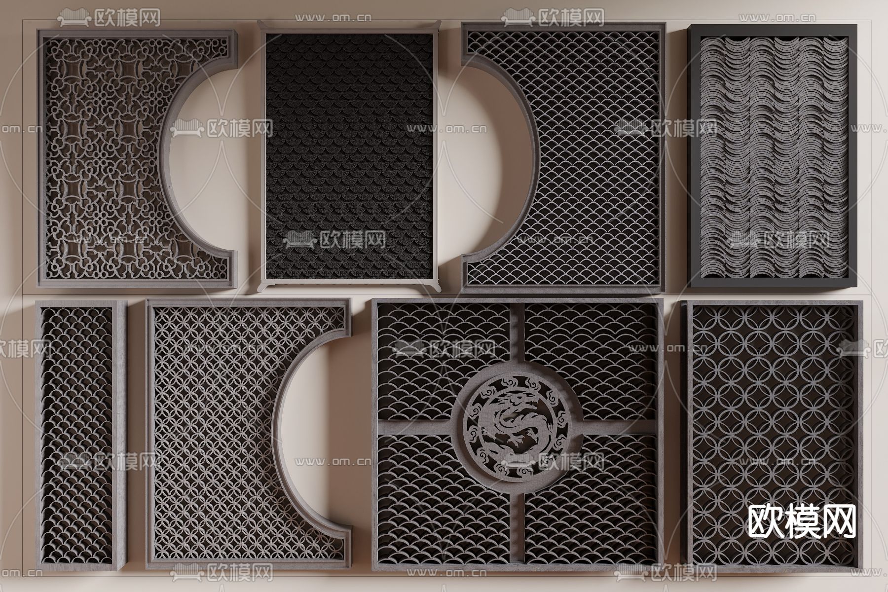 中式瓦片隔断 瓦片背景墙3d模型下载