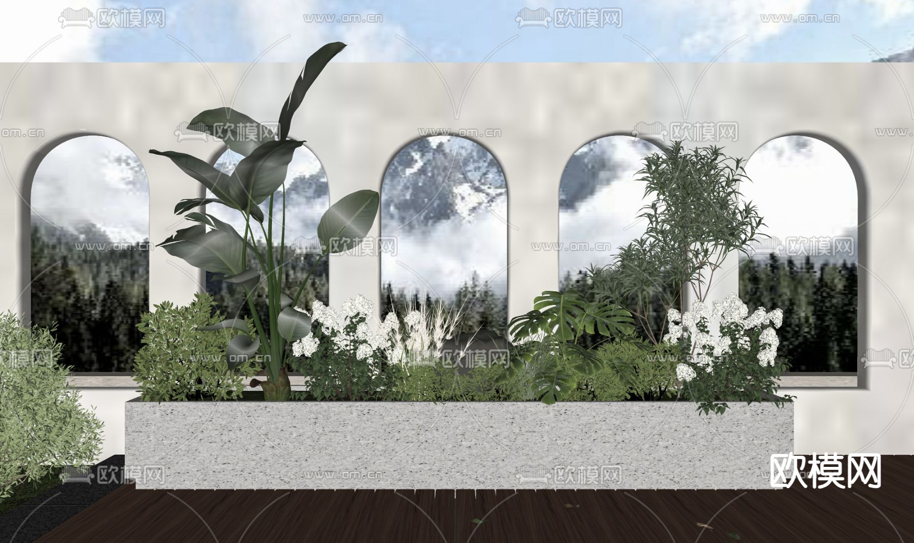 现代网红墙 植物堆su模型下载（渲染图1）