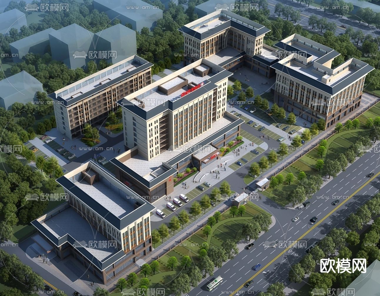 现代医院鸟瞰规划su模型下载（渲染图2）