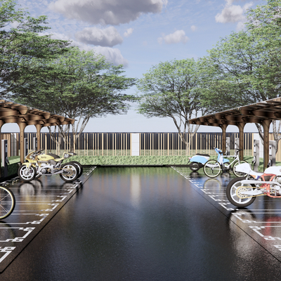  现代自行车棚 电动车棚su模型 