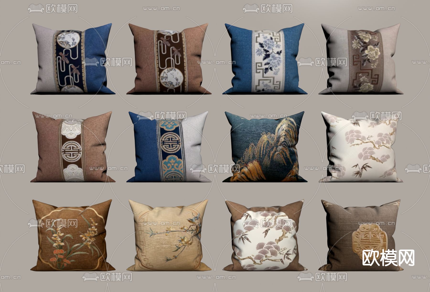 新中式抱枕 靠枕su模型下载（渲染图1）