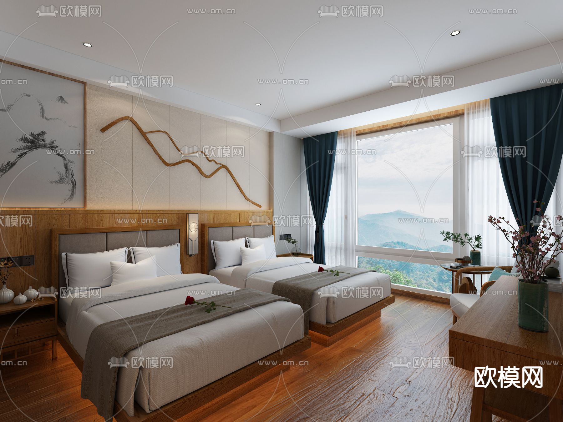 酒店客房 双床房3d模型下载（渲染图1）