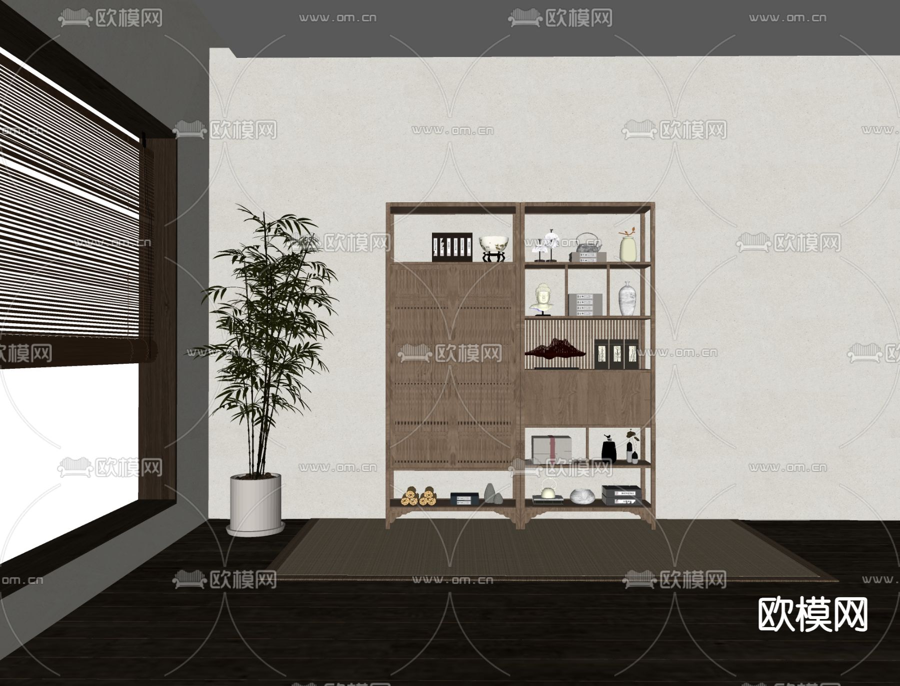 新中式博古架 茶叶柜su模型下载（渲染图1）
