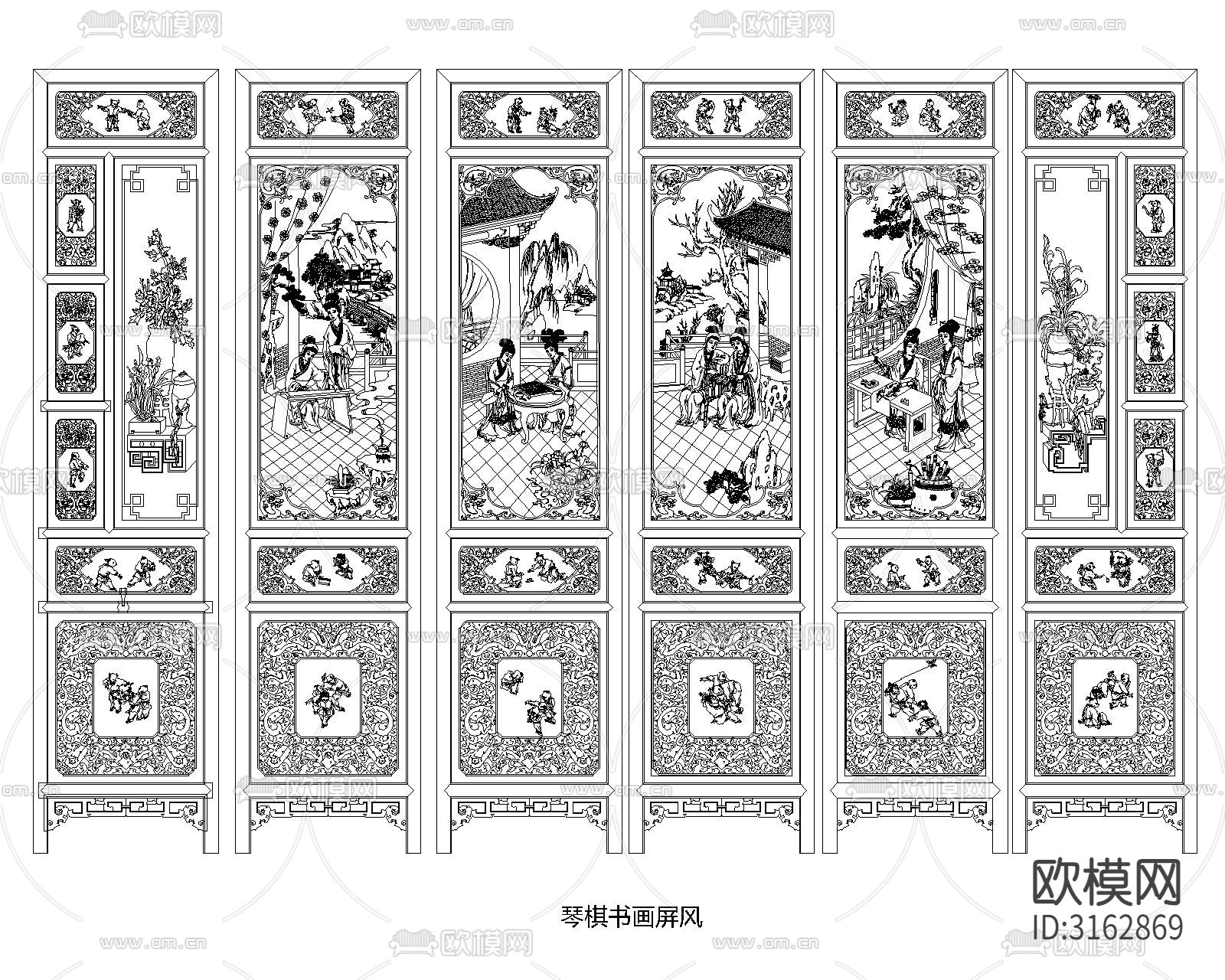 折叠屏风挂画cad图库下载（渲染图2）