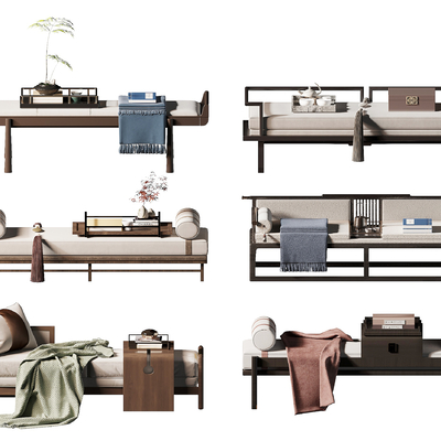  新中式床尾凳su模型 