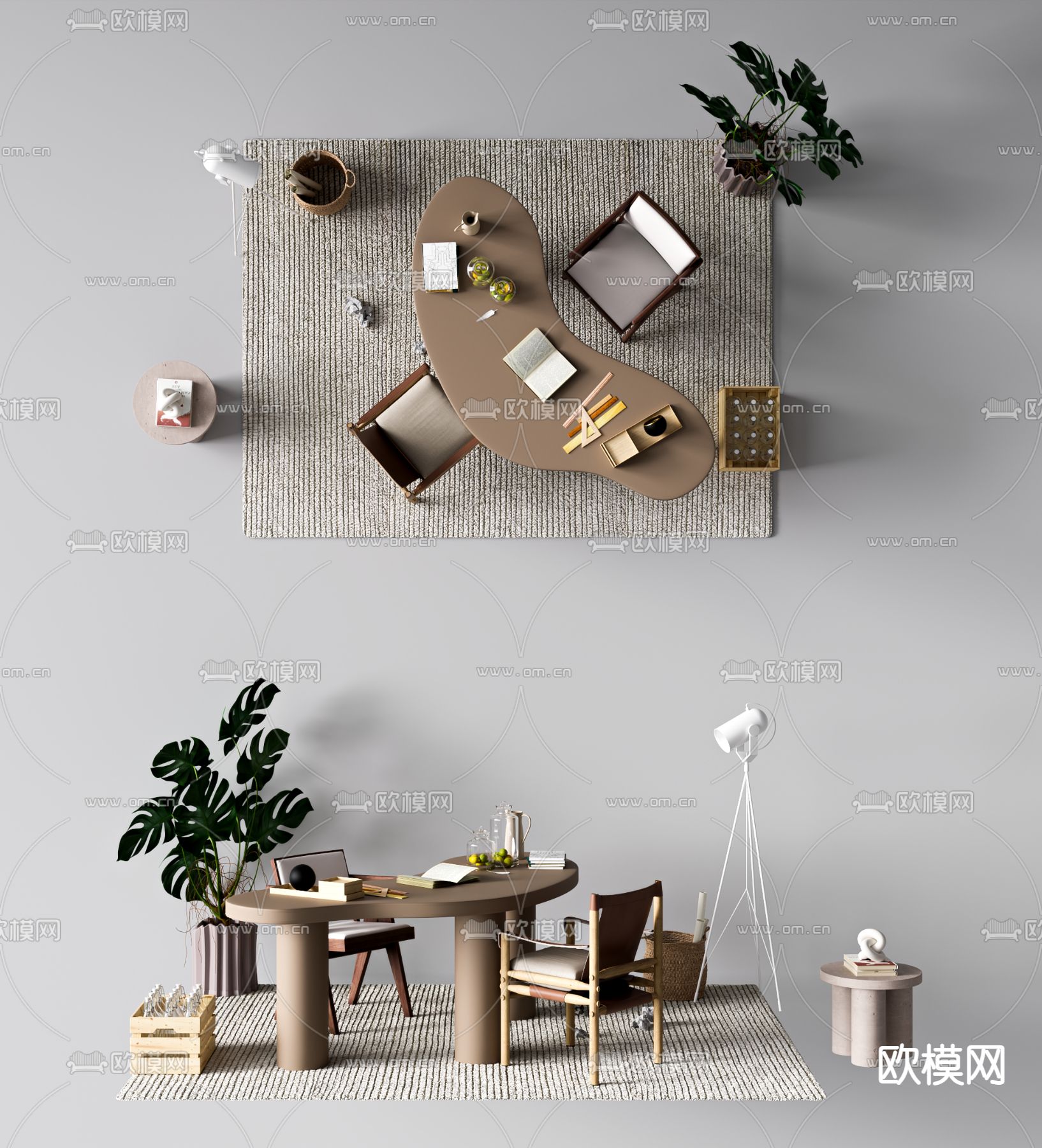 侘寂书桌 学习桌 写字台3d模型下载（渲染图2）