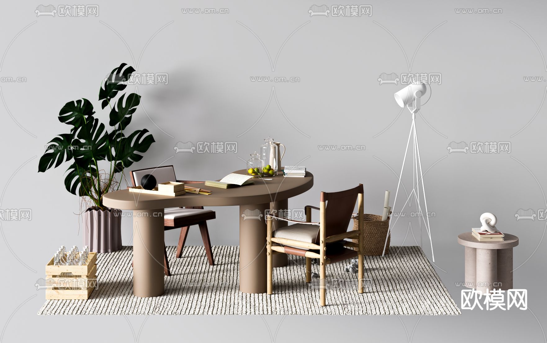 侘寂书桌 学习桌 写字台3d模型下载（渲染图1）