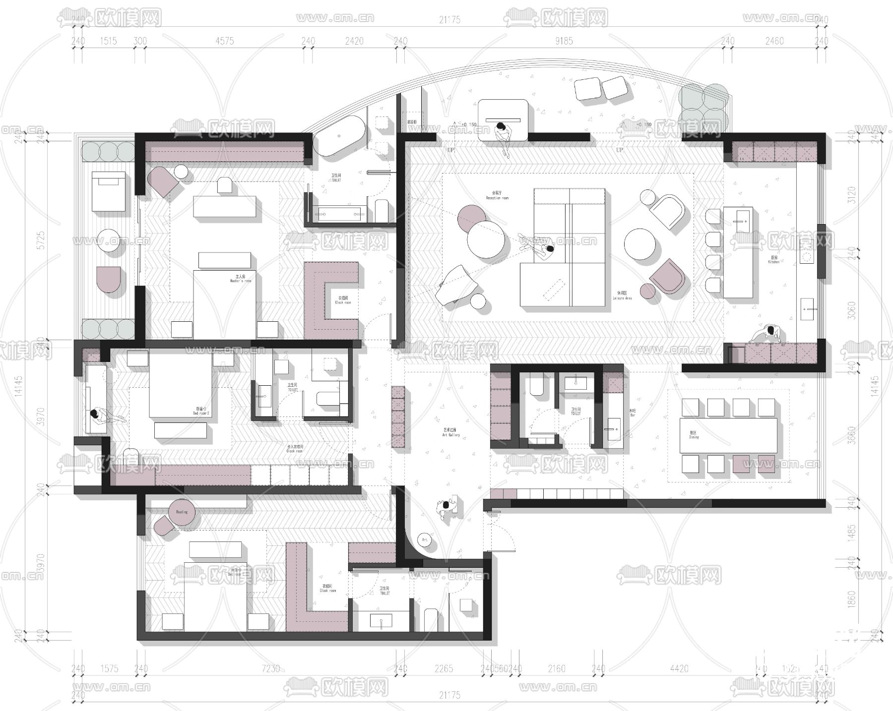 300㎡大平层平面方案cad平面图下载（渲染图1）