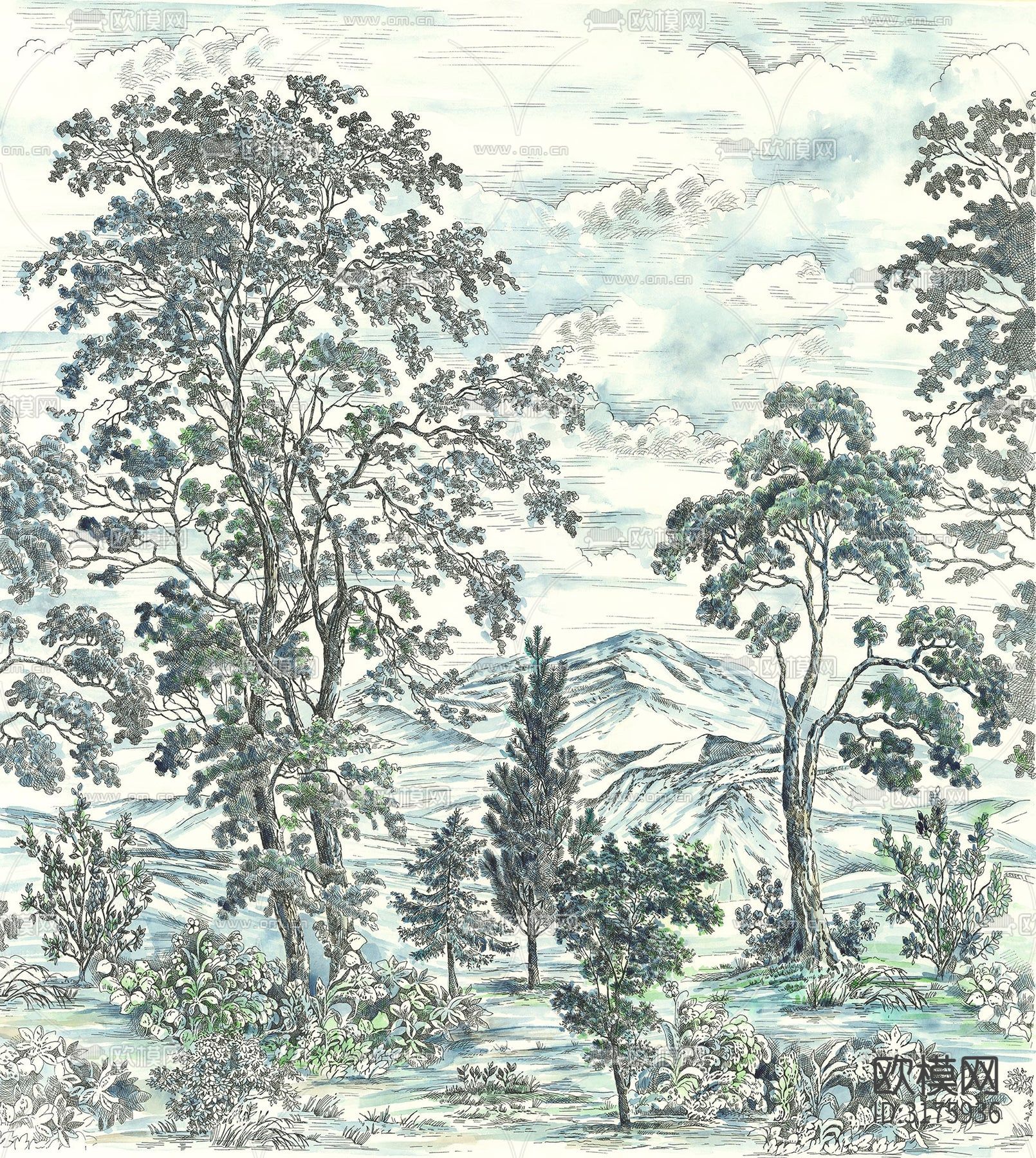 新中式水彩画壁纸贴图下载