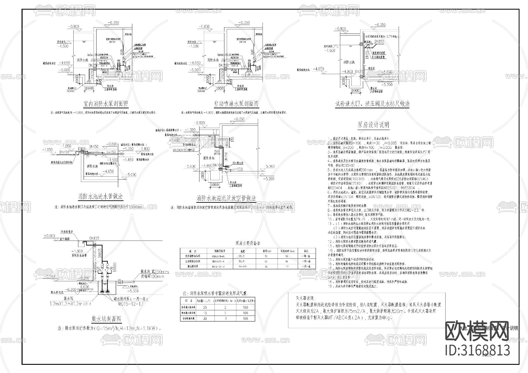 消防水池及泵房给排水cad施工图下载（渲染图2）