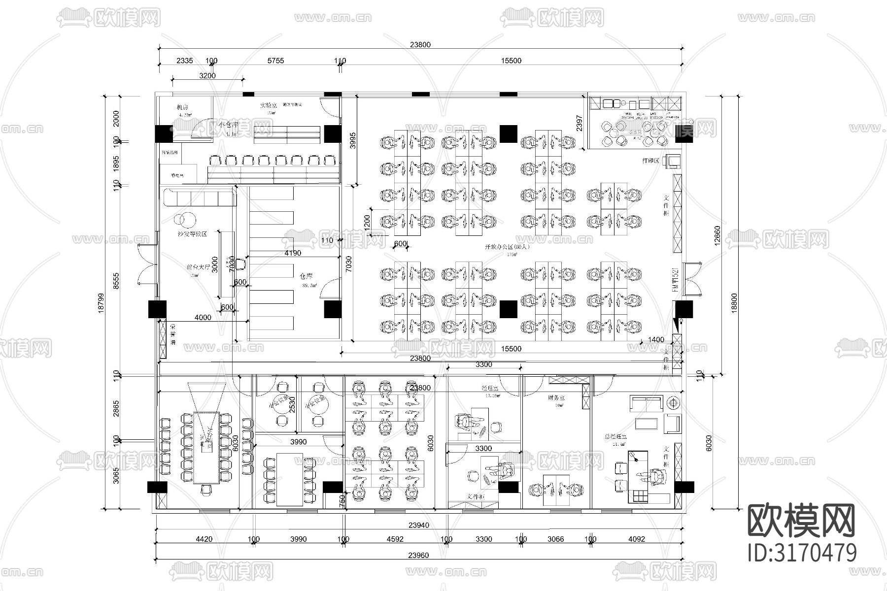 办公室工装家具办公空间cad平面图下载（渲染图2）