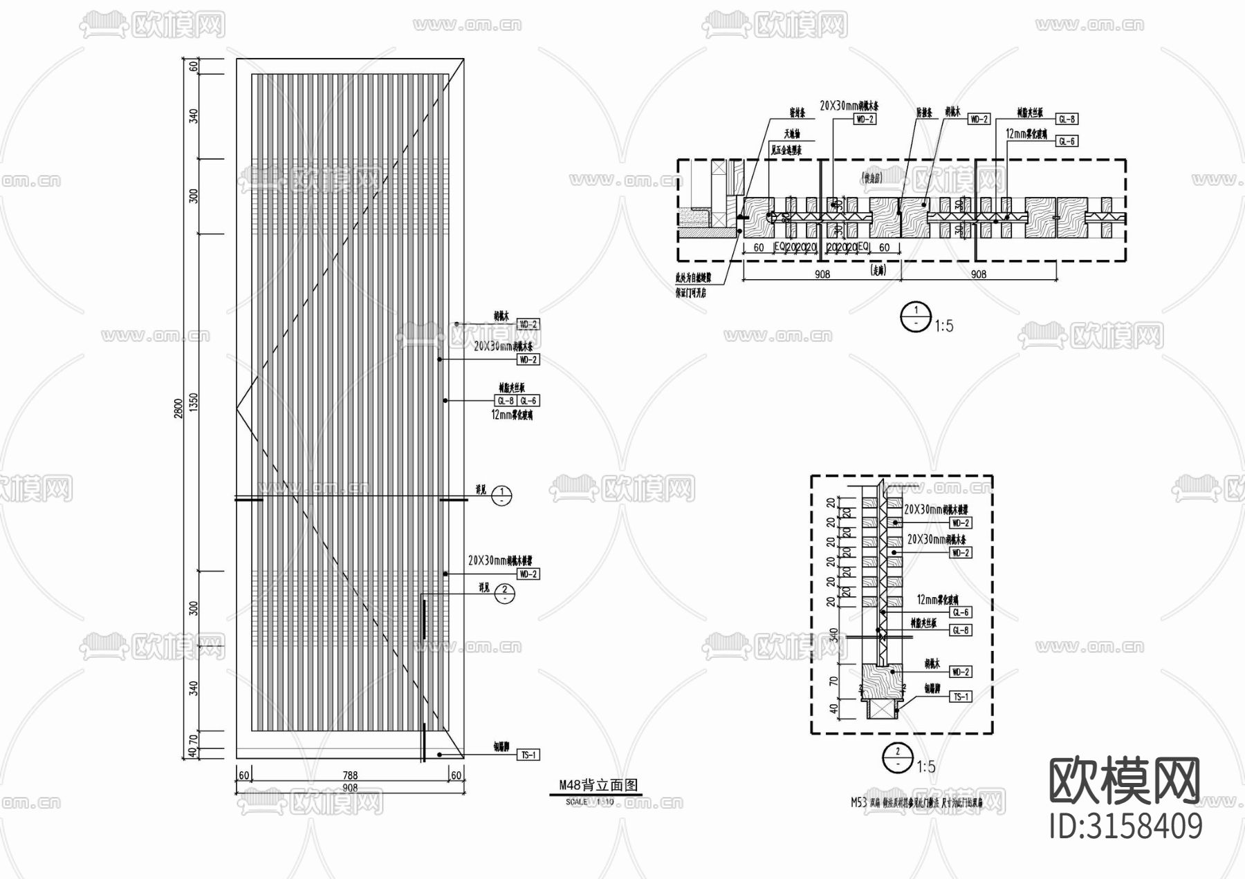 新中式木格栅滑门开门cad施工图下载（渲染图4）