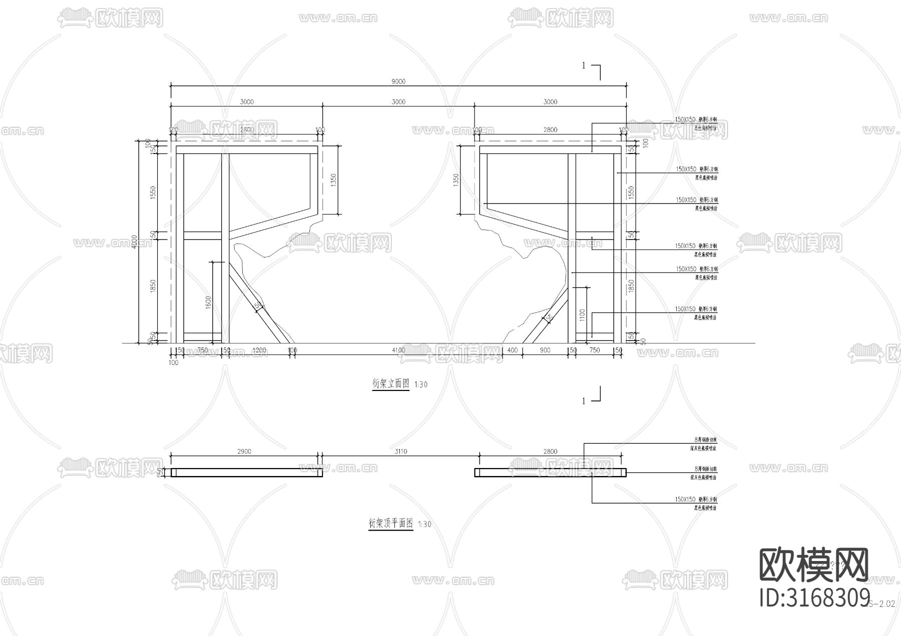 新中式对景景墙cad大样图下载（渲染图2）