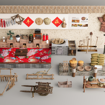  新中式农耕工具 农耕文化 炕床su模型 