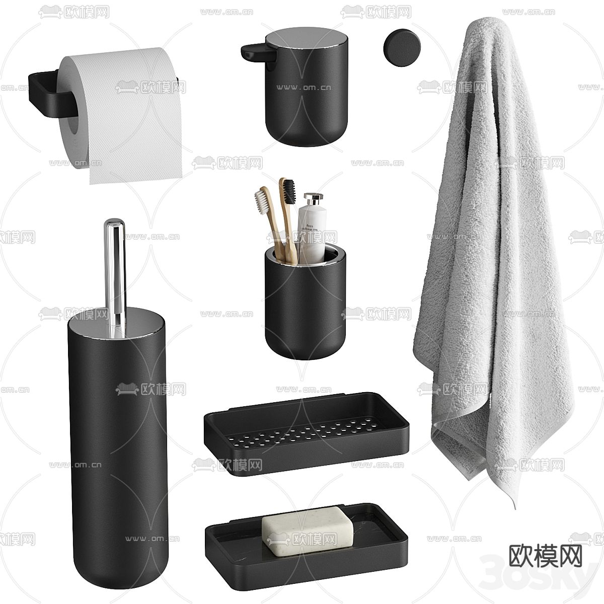 卫浴摆件 毛巾 镜子 垃圾桶3d模型下载（渲染图2）