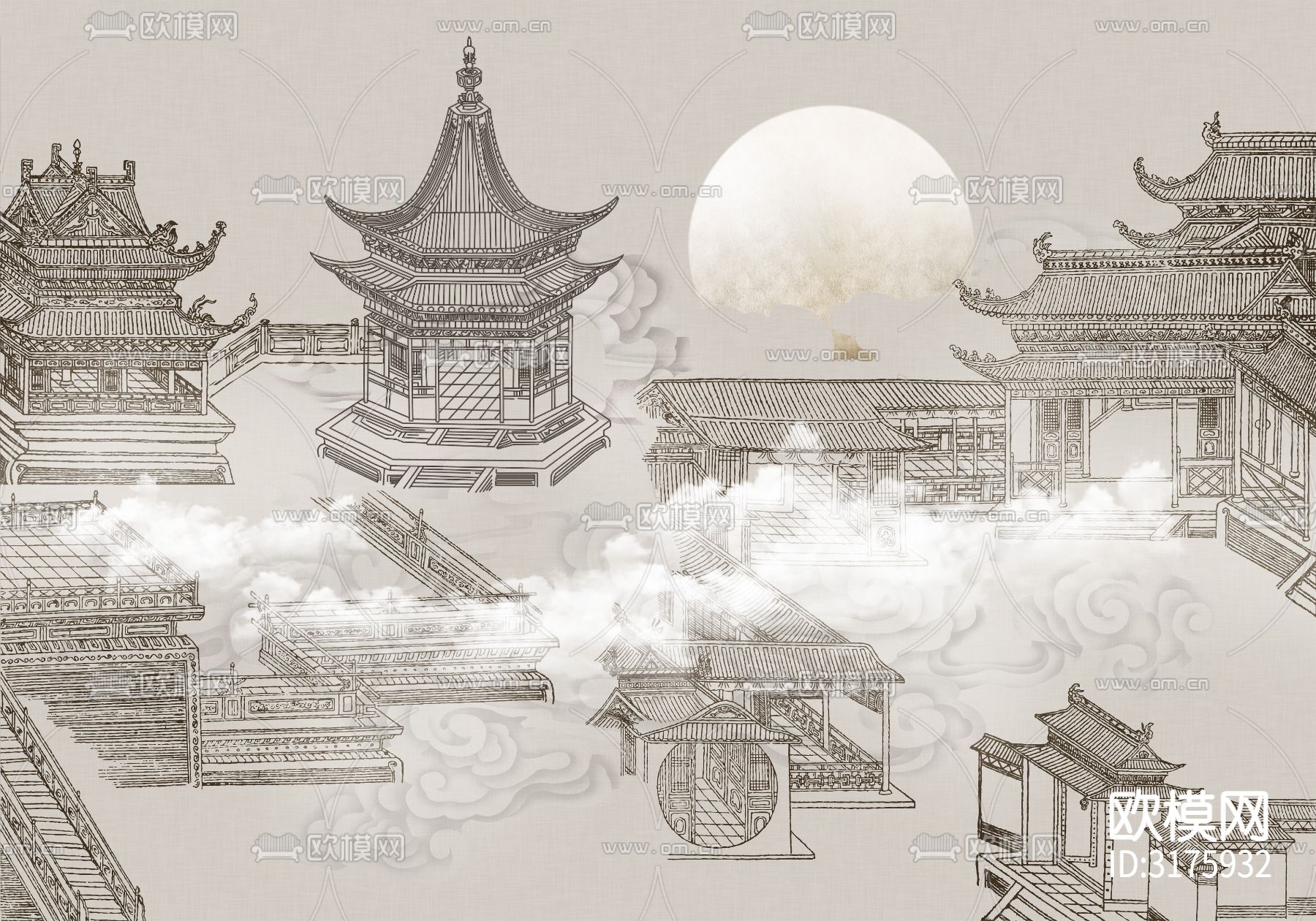 新中式古建筑壁画贴图下载