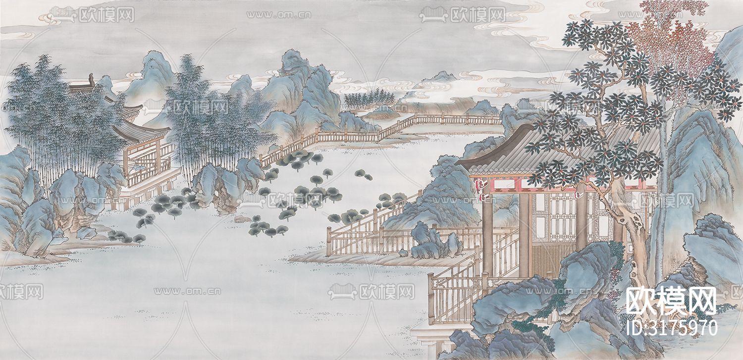 中式山水壁画贴图下载